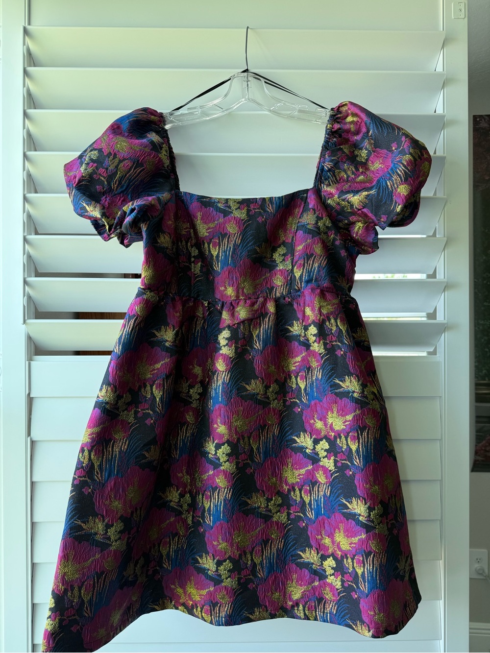 Girls Navy Floral Puff-Sleeve Party Dress